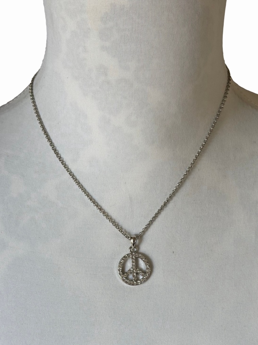 NWT Cookie Lee Silver Tone Peace Sign Pendant Necklace | Rhinestone Accent